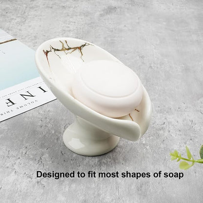 Self-Draining Soap Dish White Ceramic with Marble Brush Gold Soap Holder Waterfall Soap Dish Soap Savers for Bar Soap, for Bathroom, for Shower, for Bar Counter.