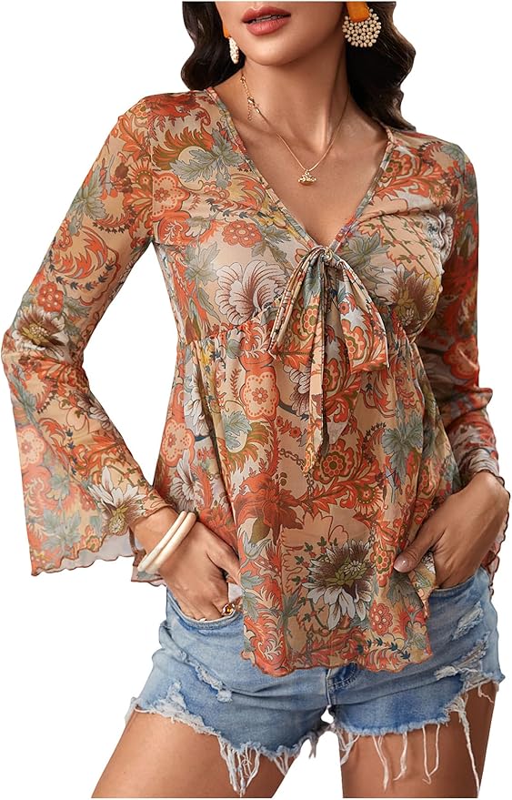 Milumia Women's Floral Print Mesh Bell Sleeve Peplum Tee Top V Neck Knot Front T-Shirts