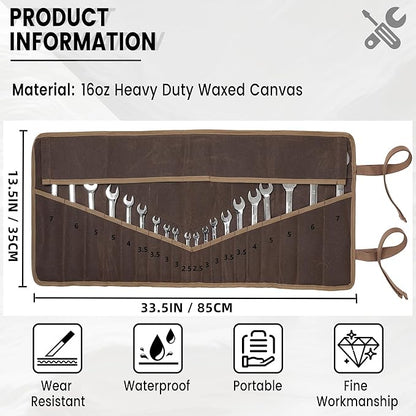 Tool Roll, Wrench Organizer Roll Up Tool Pouch with 24 Pockets  Durable Waxed Canvas 16 OZ Portable Tool Storage Carrier Bag(33.5 X 13.5 IN  Brown)