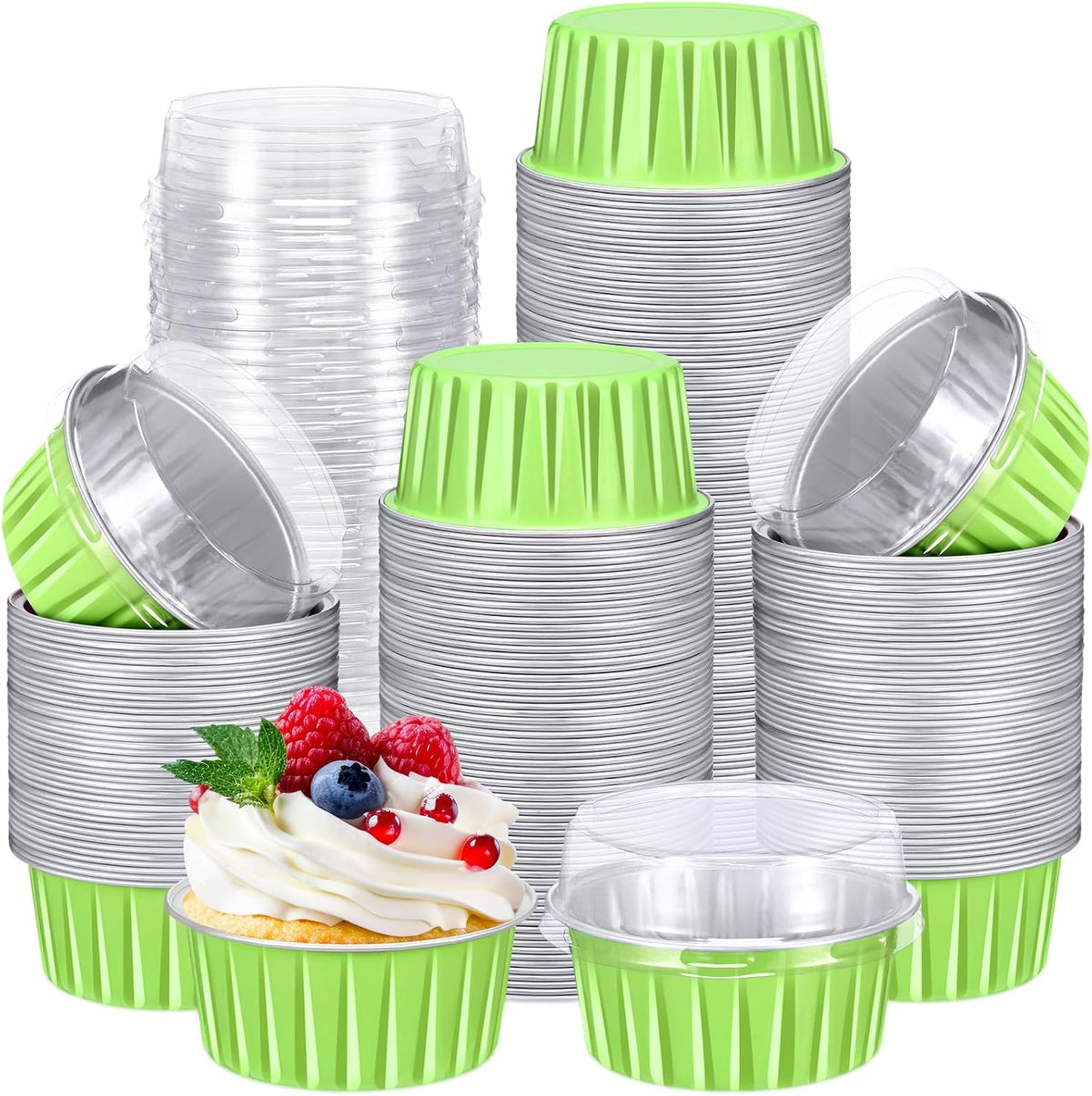 100 Pack Aluminum Foil Cupcake Liners Only, 5 oz Round Baking Cup,Disposable Tart Pie Ramekin Container for Ramadan, Easter, Wedding Party(Green,Plain) (No Lids included)