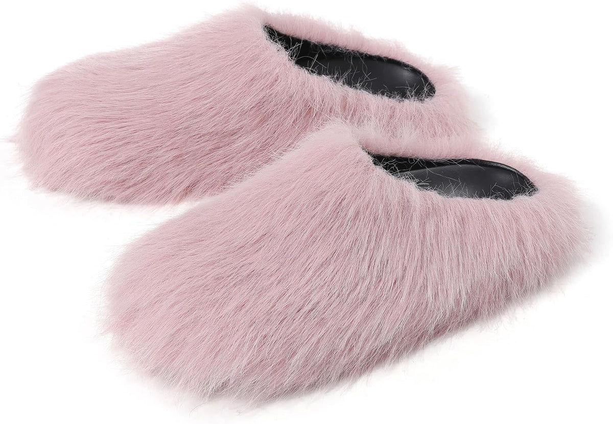 Goiphrri Fuzzy Slippers Mules for Women Fluffy Flat Platform Clogs Mule Fashion Round Toe Soft Plush Slide On Shoes Women Indoor Outdoor Slides Sandals