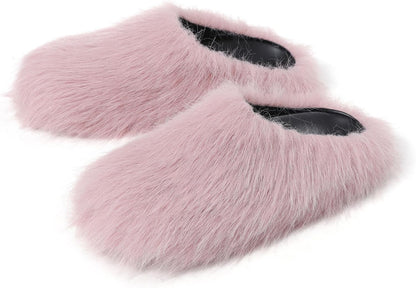 Goiphrri Fuzzy Slippers Mules for Women Fluffy Flat Platform Clogs Mule Fashion Round Toe Soft Plush Slide On Shoes Women Indoor Outdoor Slides Sandals