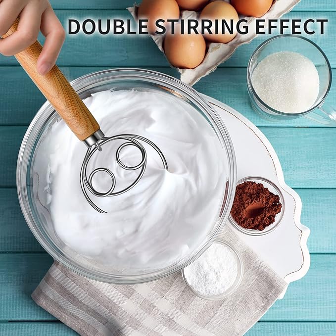 Danish Dough Whisk Stainless Steel Dough Hook Dutch Whisk for Sourdough Bread Dough Mixer Hand Wooden Handle Kitchen Whisking Mixing Tool Bread Making Tools and Supplies