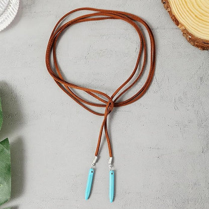 Boho Feather Turquoise Leather Choker Necklace for Women Bohemian Handmade Leaf Layered Black Brown Suede Cowgirl Cowboy Necklace for Western Style Country Party Trendy Jewelry Gifts (Long brown necklace)