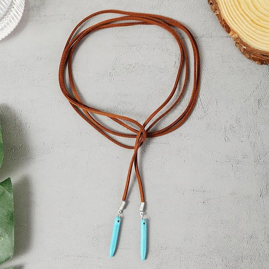 Boho Feather Turquoise Leather Choker Necklace for Women Bohemian Handmade Leaf Layered Black Brown Suede Cowgirl Cowboy Necklace for Western Style Country Party Trendy Jewelry Gifts (Long brown necklace)