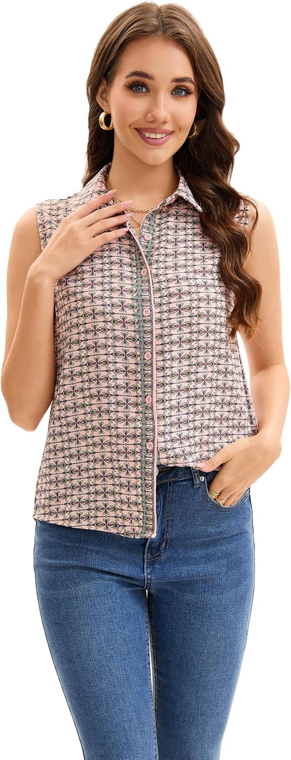Medium JTD Women's Sleeveless Button Down Shirts Wrinkle Free Collared Blouses | Business Work Office Blouses for Women,Casual V Neck Tank Tops,No Iron Fabric,Lightweight,Breathable,Trendy Summer Tops