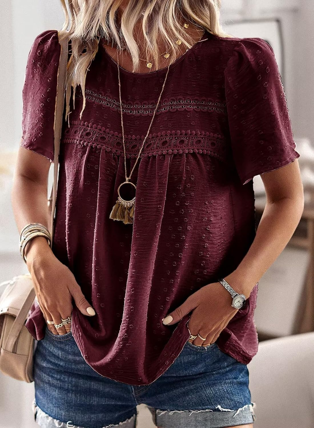 Falechay Womens Summer Tops Crewneck Short Sleeve Shirts Casual Chiffon Blouses Flowy Lace Hem Boho Clothing Trendy 2026