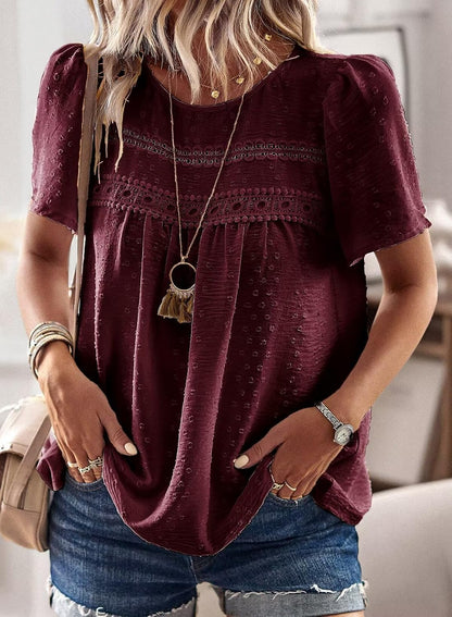 Falechay Womens Summer Tops Crewneck Short Sleeve Shirts Casual Chiffon Blouses Flowy Lace Hem Boho Clothing Trendy 2026