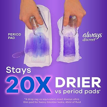 Always Discreet Adult Incontinence Pads for Women, Moderate Absorbency, Long Length, Postpartum Pads, Up to 100 Bladder Leak Protection, 54 Count (Packaging May Vary)
