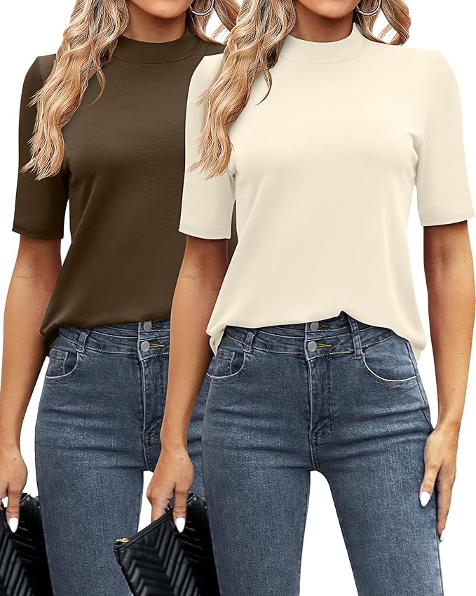 Ficerd 2 Pack Women's Mock Turtleneck T Shirts, Half Sleeve Business Casual Tunic Tops Slim Fit Summer Basic Dressy Tee Shirt