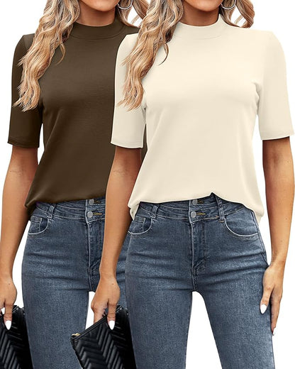Ficerd 2 Pack Women's Mock Turtleneck T Shirts, Half Sleeve Business Casual Tunic Tops Slim Fit Summer Basic Dressy Tee Shirt