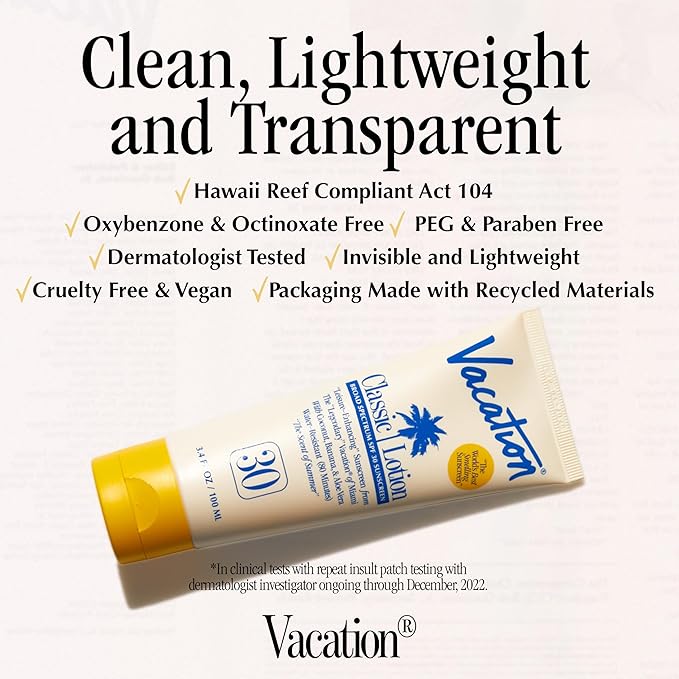 Vacation Classic Sunscreen Lotion SPF 30  Air Freshener Bundle, Water-Resistant, Lightweight, Transparent on All Skin Tones, Dermatologist-Tested, Vegan, Travel Size, 3.4 Fl. Oz.