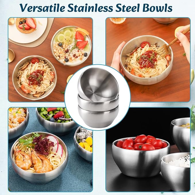 Youeon 3 Pack 28 Oz SUS304 Brushed Stainless Steel Bowls, Double Wall Insulated Bowls, Stainless Steel Soup Bowl for Cereal, Ice Cream, Noodle, 6 Inch Bowl Set for Serving, Dishwasher Safe
