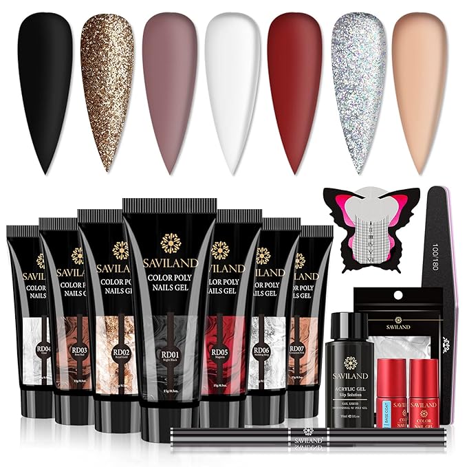 Saviland Poly Gel Nail Kit - 7 Colors with Glitter Red Black, DIY Nail Extension Gel, Slip Solution  Tools for Starter, Party, Home Beauty Gift