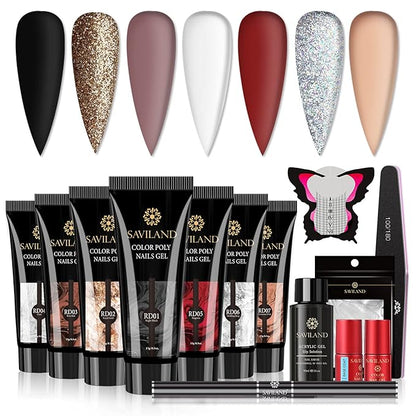 Saviland Poly Gel Nail Kit - 7 Colors with Glitter Red Black, DIY Nail Extension Gel, Slip Solution  Tools for Starter, Party, Home Beauty Gift
