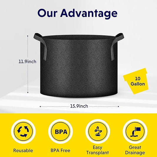 iPower 24-Pack 10 Gallon Grow Bags Heavy Duty Thickened Aeration Nonwoven Fabric Pots with Nylon Handles and 24 Labels, for Planting Vegetables, Fruits, Flowers, Black