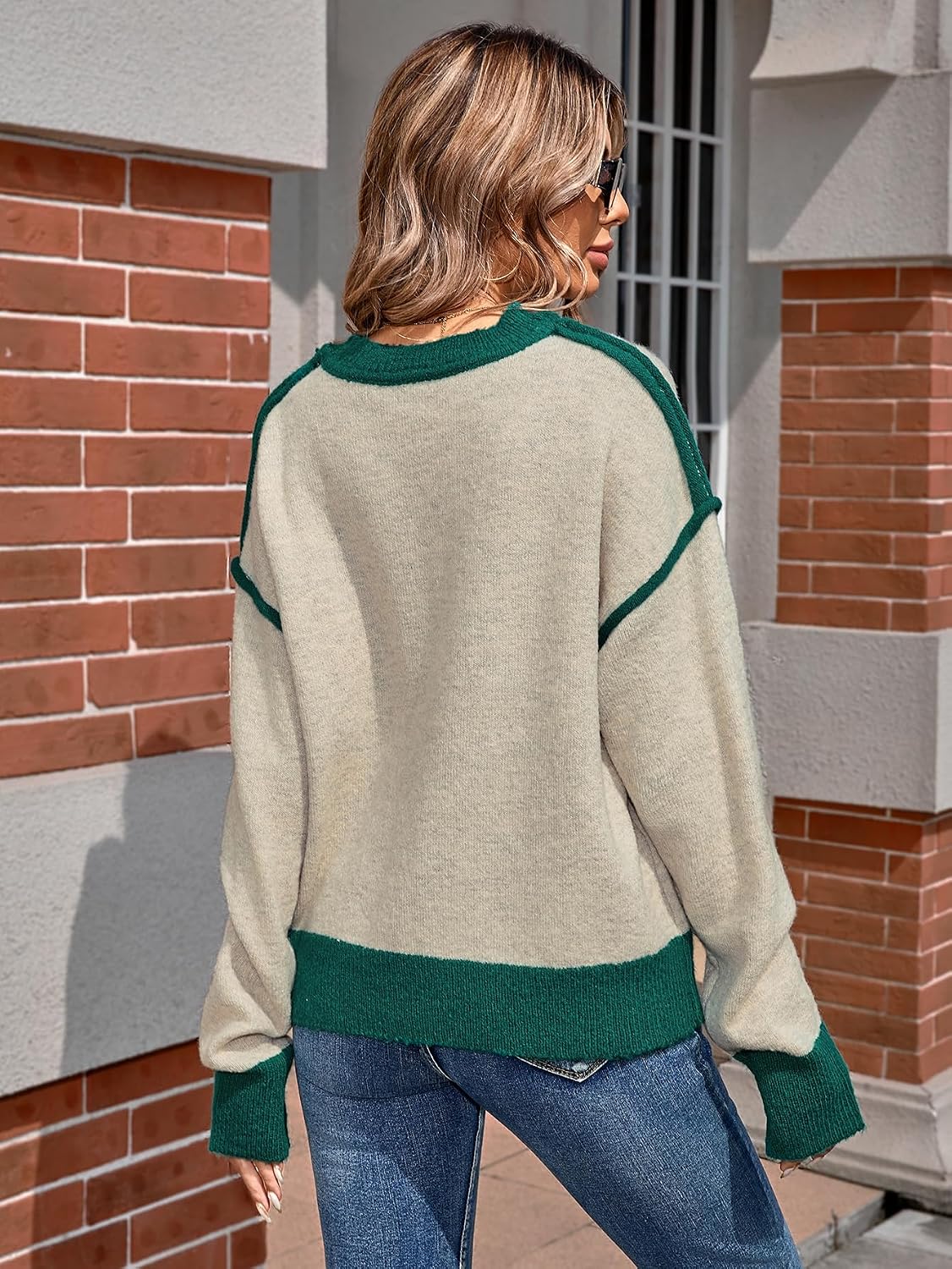 SunnyMelody Womens Oversized Cute Color Block Crew Neck Sweater 2025 Winter Long Sleeve Trendy Ribbed Knit Pullover Sweaters