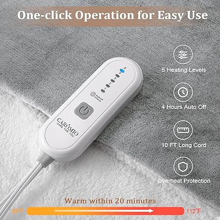 CAROMIO Heated Blanket Electric Throw 50" x 60", Soft Thickened Flannel to Sherpa Fast Heating Blanket with 5 Heat Levels  4 Hours Auto Off, ETL Certified Electric Blankets for Adults, Grey