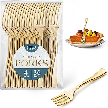 Posh Setting - Plastic Mini Forks, Gold Mini Forks, Gold Plastic Mini Dessert Forks, Disposable Tiny Gold Forks, 4 inch Gold Plastic Forks, Taster Forks, Small Forks, Appetizer Forks (36 Pack)