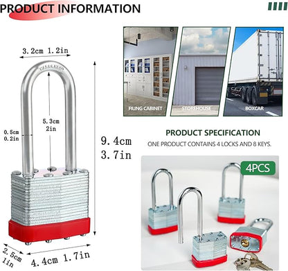 Pack of 4 Keyed-Alike Padlocks with Same Keys Long Shackle Hardened Steel Padlock with 8 Keys for Sheds Gates Fences Toolbox