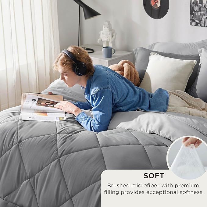 Bedsure Full Size Comforter Set - 7 Pieces Reversible Grey Bedding, Full Size Bed Set for All Seasons, Bed in a Bag with Down Alternative Comforter, Sheets, Pillowcases  Shams