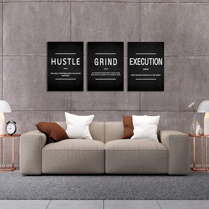 KAWAHONE Canvas Painting Wall Art, Grind Hustle Execution Motivational Wall Art Decoration Posters Prints for Living Room Bedroom, Office Decor, Gallery-Wrapped Canvas Art Set Framed Ready to Hang