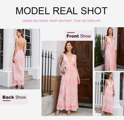 Cream Color With Pink Flowers Dokotoo Womens Formal Dresses Deep V-Neck Embroidered Lace Mesh Evening Party Prom Dress Long Wedding Dress