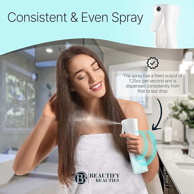 BeautifyBeauties Spray Bottle For Hair  Continuous Mister Spray Bottle for Hairstyling, Cleaning, Plants, Pets, Barbers, Salons, Essential Oil Scents (10.1 Ounce)