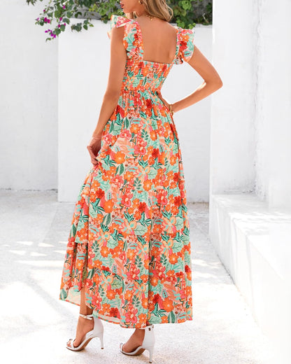 dowerme Summer Dresses for Women 2026 Casual Ruffle Smocked Tiered A-Line Boho Floral Maxi Beach Sun Dress with Pockets