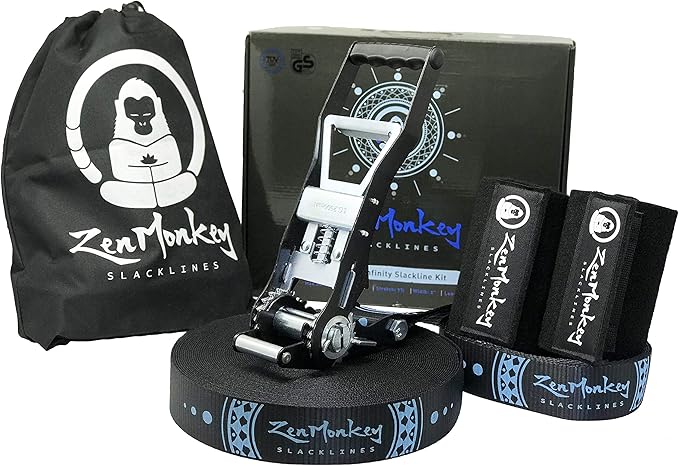 ZenMonkey Infinity Slackline Kit - 100 Foot Longline Slackline with Ergo Ratchet, Tree Protectors, Cloth Carry Bag and Instructions - Easy Setup for The Family, Kids and Adults