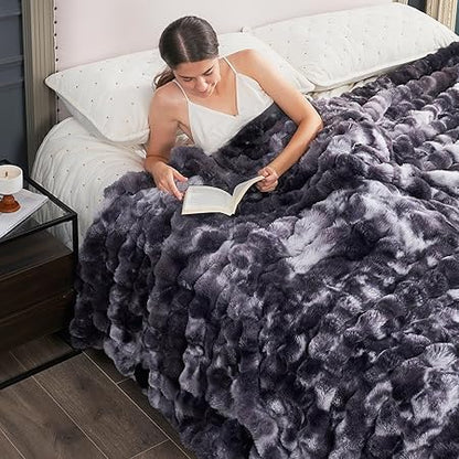 Cozy Bliss Faux Fur Throw Blanket for Couch, Fuzzy Soft Plush Thick Bubble Blanket for Sofa Bedroom Living Room, 60  80 Inches Tie Dye Black