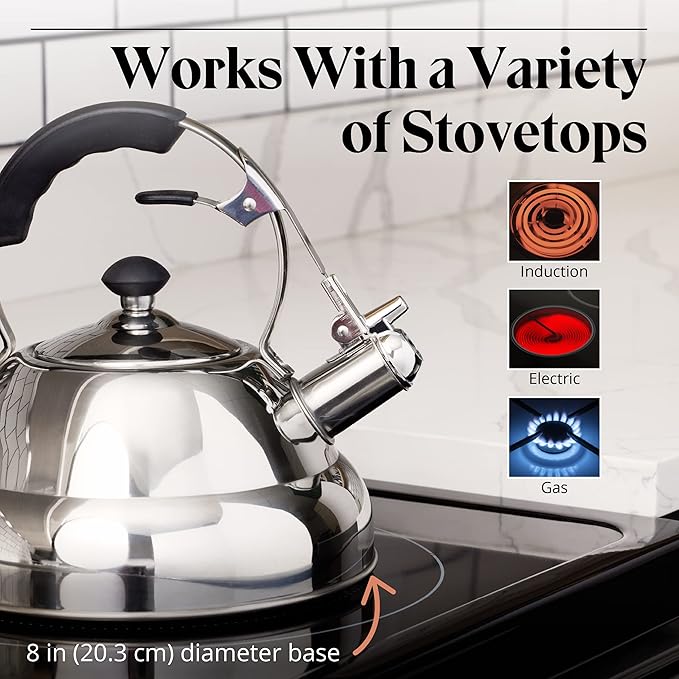 Willow & Everett Whistling Tea Kettle for Stove Top - 3.17 Quart Tea Pots for Stove Top w/Stainless Steel, Mirror Finish