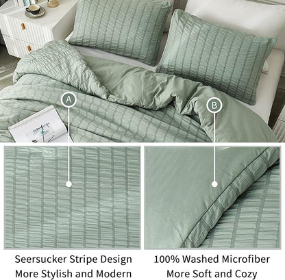 AveLom Seersucker Queen Comforter Set, Sage Green, 90x90, 3 Pieces