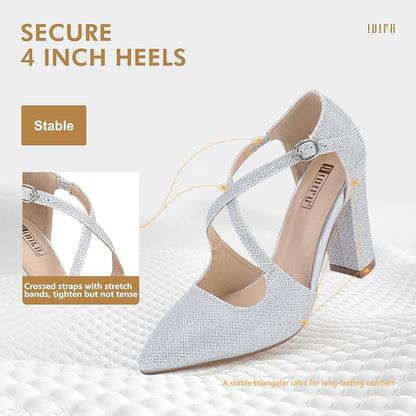 IDIFU Women's IN4 Chunky High Heels Pumps Closed Toe Block Strappy Heels | Prom Wedding Party Office Work Formal Pointed Toe Dress Shoes for Women