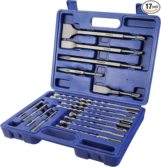 WORKPRO 17-Piece SDS Plus Drill Bit Set with Chisel Bits, Rotary Hammer Drill Accessories for Concrete, Tile, Brick, Cement, Stone and Masonry, Storage Case