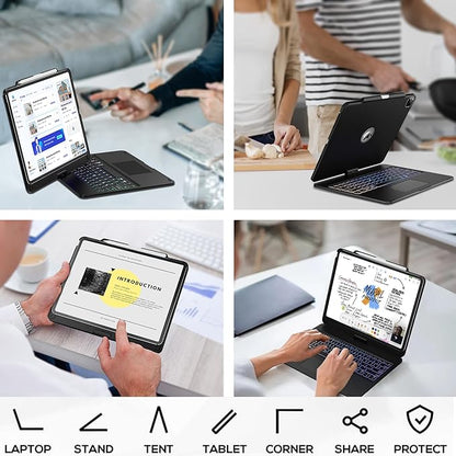 Swivel Keyboard Case for Apple iPad Pro 12.9 inch 6th Generation 5th 4th 3rd Gen; Wireless Rotatable Cover with Pencil Holder, Multi-Touch Trackpad, Backlit, Black