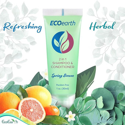 EcoEarth Travel Size Shampoo Conditioner 2-in-1 (1 fl oz, 100 PK, Spring Breeze) Delight Your Guests wRevitalizing  Refreshing Conditioning Shampoo Amenities, Small Size Hotel Toiletries in Bulk