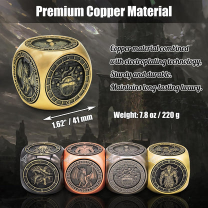 DND Spinner Dice, 7 in 1 Unique Metal Dice Set with 3D Relief for Dungeons and Dragons Gifts, Cool Polyhedral Role Playing Game Dice, Fantasy D&D Tabletop RPG Accessories for DM & Player (Bronze)