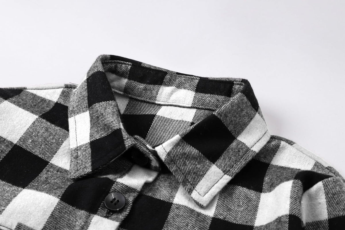 Women and Girls Oversized Flannel Plaid Shirt Mid-Length Casual Button Down Shirt with Pockets