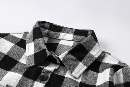Women and Girls Oversized Flannel Plaid Shirt Mid-Length Casual Button Down Shirt with Pockets