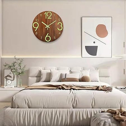 12 inch Luminous Wooden Round Silent Non-Ticking Quartz Wall Clocks, Large Numbers and Hands, Easy to Read Both Day and Night (Large Digital)