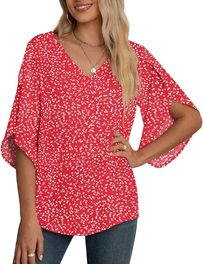Jouica Women's Fall Casual 3/4 Ruffled Sleeve Chiffon Blouse Tops for Women