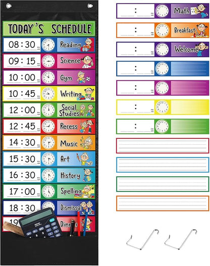 Chinco Daily Schedule Pocket Chart School Class Schedule Kit 13+1 Pocket Chart, 2 Hook, Title Card, 30 Double-Sided Blank Erasable Card for Classroom School or Home(Blue)