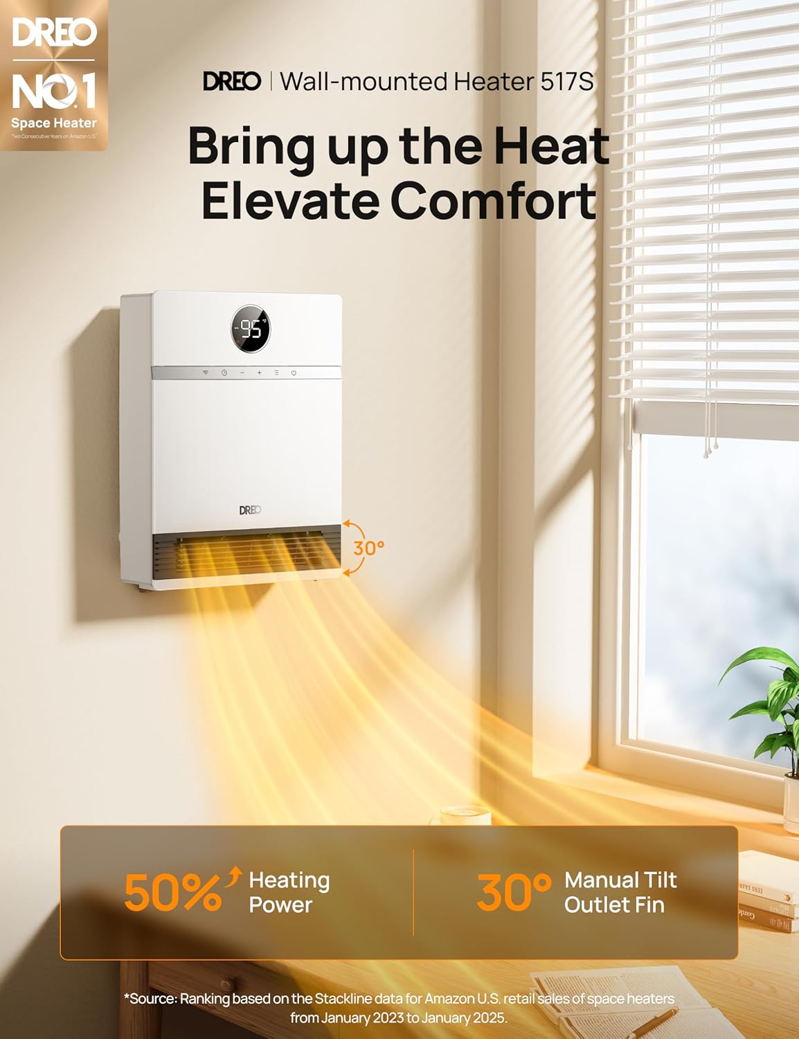 REO Smart Electric Wall Heater for Indoor Use, Works with Alexa,Large Room IP24 Wall Mounted Heater, 11.5 ft/s Heating, 28dB Quiet Operation, App and Remote Control, Digital Thermostat and ECO Mode