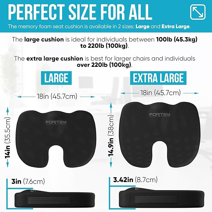 FORTEM Office Chair Cushion, Memory Foam Seat Cushion, Non Slip Sitting Pillow for Gaming, Car Seat, Computer Chair Pad, Sciatica and Tailbone Support, Washable Cover