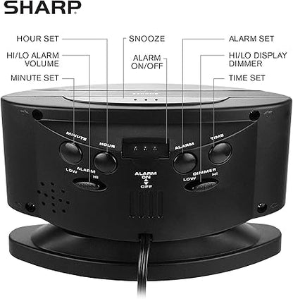 SHARP Home LED Digital Alarm Clock  Swivel Base - Outlet Powered, Simple Operation, Alarm, Snooze, Brightness Dimmer, Big Green Digit Display, (Midnight Black -Red LED)