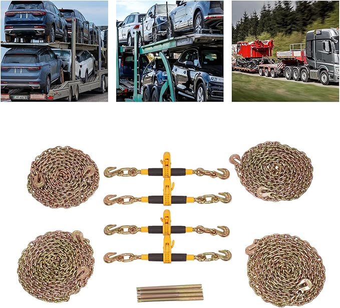 Chain Load Binder, 516" -38" and 516"20ft Tie Down Kit w 3300LBS Working Load Capacity and Two Grab Hooks, Includes (4) Binders and (4) Chains, Transport Load Package for Hauling