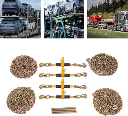 Chain Load Binder, 516" -38" and 516"20ft Tie Down Kit w 3300LBS Working Load Capacity and Two Grab Hooks, Includes (4) Binders and (4) Chains, Transport Load Package for Hauling