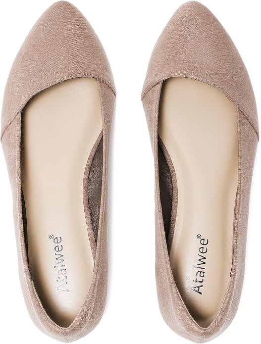 Ataiwee Women's Wide Width Flat Shoes Pointed Ballet Flats | Elegant Faux Suede Slip-On Flats with Anti-Slip Sole for Office.