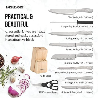 Farberware Textured Grip Stainless Steel Knife Set, 15 Piece, Stainless Steel